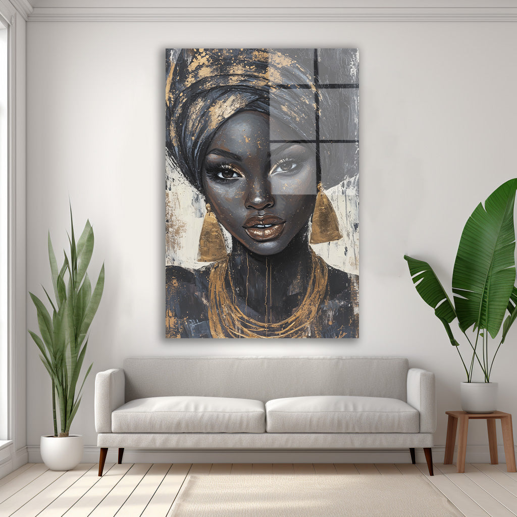 Sarıklı Afrikalı Kadın 3 cam tablo — duvarda dekorasyon görünümü