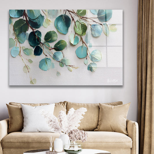 Sarkan Okaliptüs Dalı cam tablo — duvarda dekorasyon görünümü