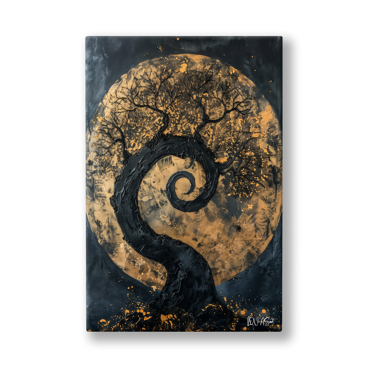 Sarmal Altın Ağaç kanvas tablo — Kömür karası bir gecede kendi üzerine kıvrılan altın sarmal ağaç.