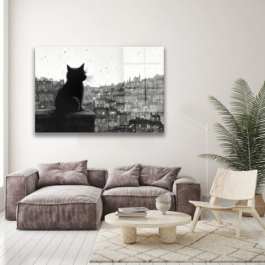 Şehirde Siyah Kedi cam tablo — duvarda dekorasyon görünümü