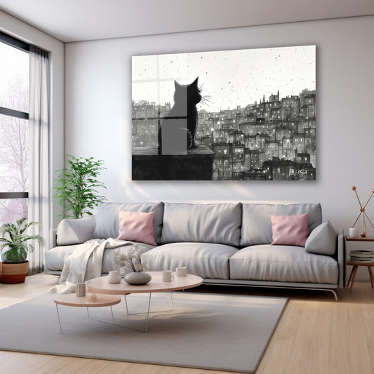 Şehirde Siyah Kedi cam tablo — farklı açıdan görünüm