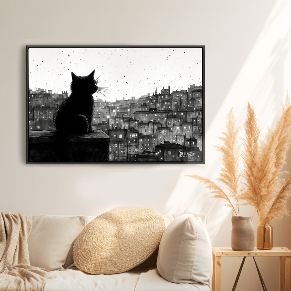 Şehirde Siyah Kedi - Kalın Metal Çerçeveli Kanvas Tablo