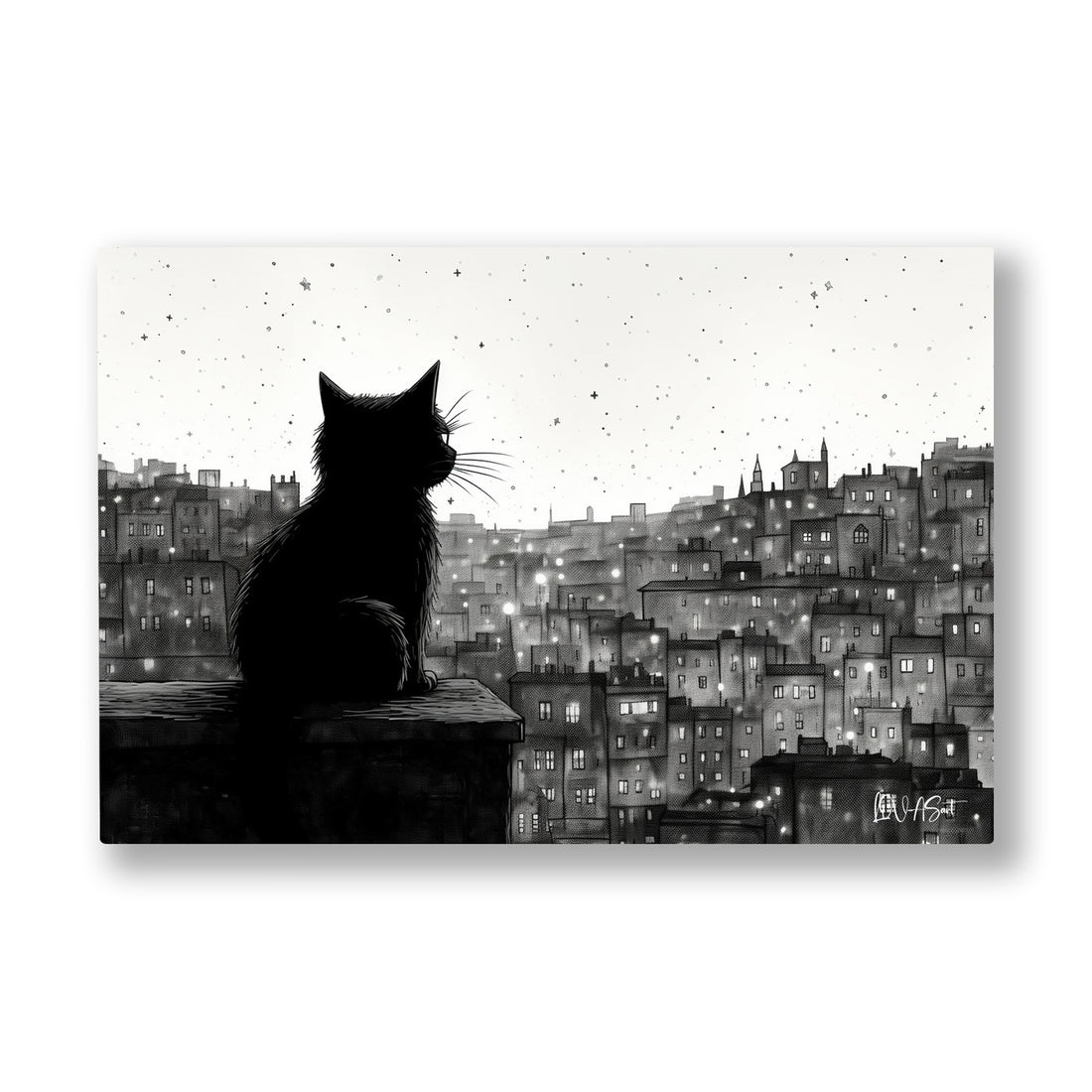 Şehirde Siyah Kedi kanvas tablo — Bir duvarın üstüne oturmuş, uykusuz gri şehri seyreden siyah kedi.