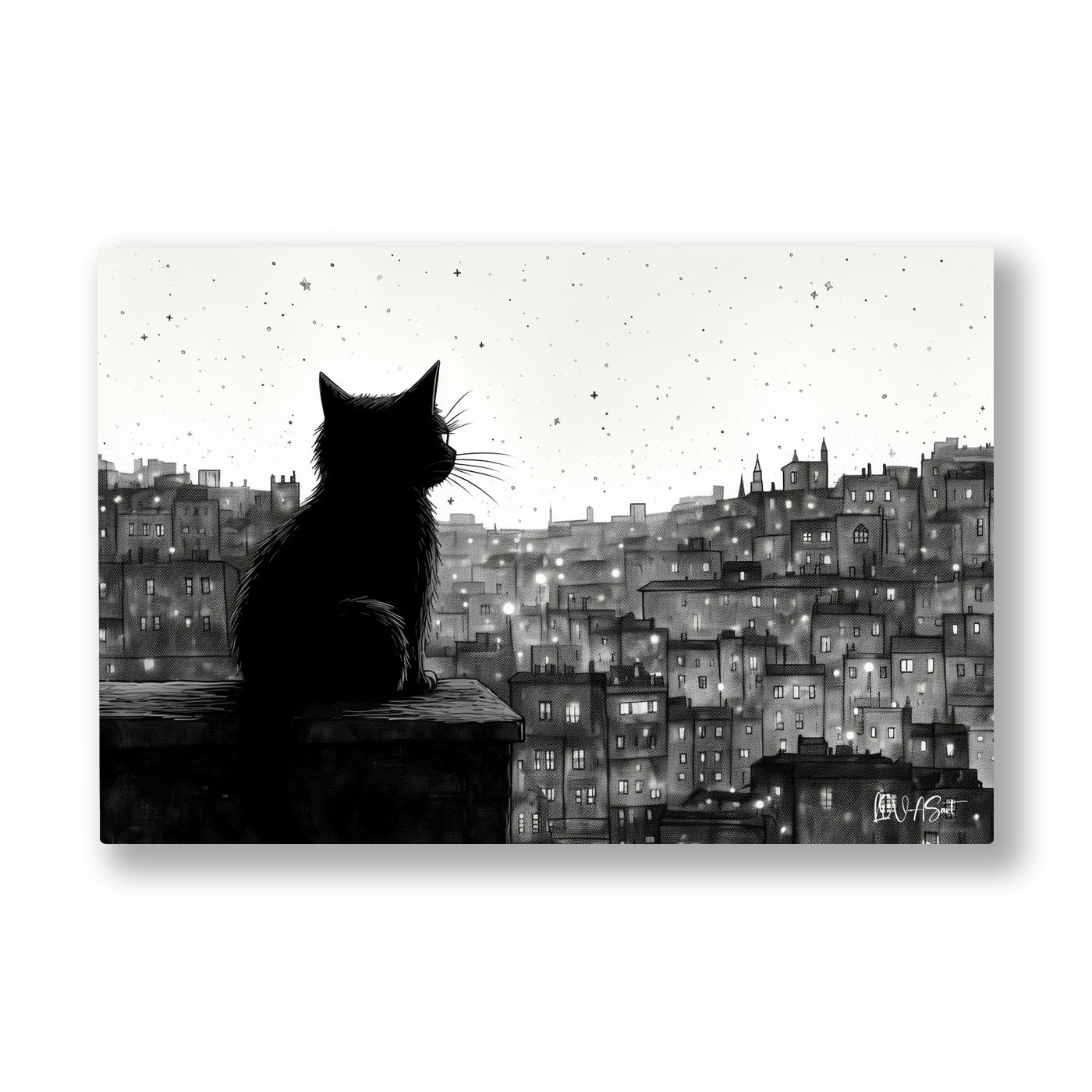 Şehirde Siyah Kedi kanvas tablo — Bir duvarın üstüne oturmuş, uykusuz gri şehri seyreden siyah kedi.