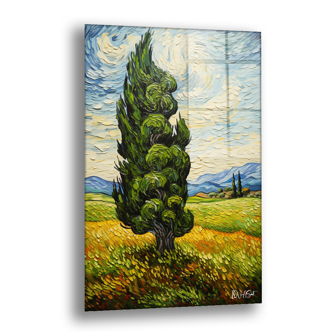 Selvi Ağacı cam tablo — van Gogh etkisindeki dönen gökyüzünün altında tek başına duran, yeşil dolgun bir selvi ağacının tablo