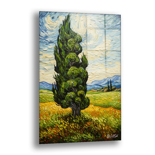 Selvi Ağacı cam tablo — van Gogh etkisindeki dönen gökyüzünün altında tek başına duran, yeşil dolgun bir selvi ağacının tablo