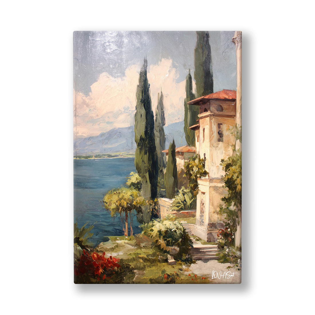 Selvili Deniz Evi kanvas tablo — Denize bakan kiremit çatılı taş evin yanında yükselen ince selviler.