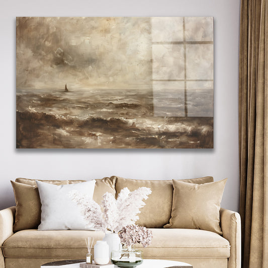Sepya Deniz cam tablo — duvarda dekorasyon görünümü