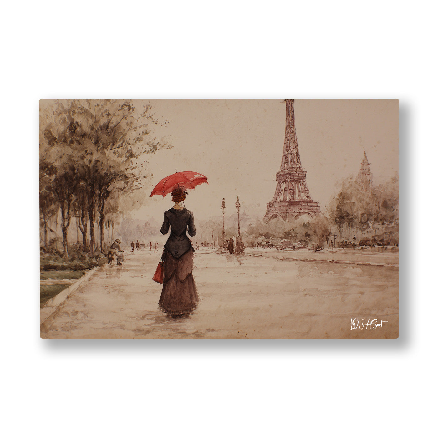 Sepya Paris 3 kanvas tablo — Sepya bir bulvarda kırmızı şemsiyesiyle Eyfele doğru yürüyen kadın.
