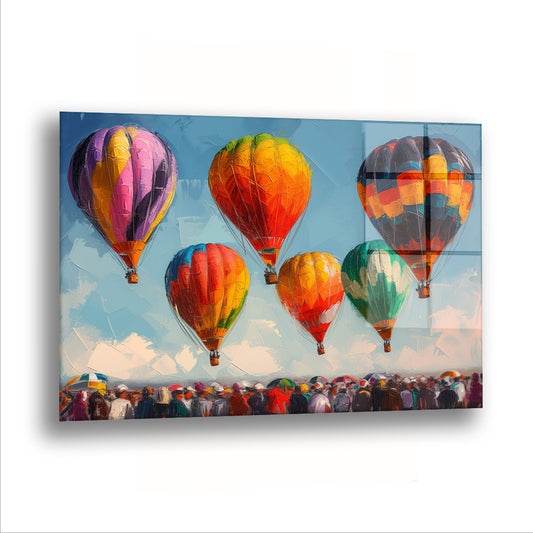 Sıcak Hava Balonları cam tablo — Altı balon aynı anda yükselirken aşağıdaki kalabalık başını kaldırmış.