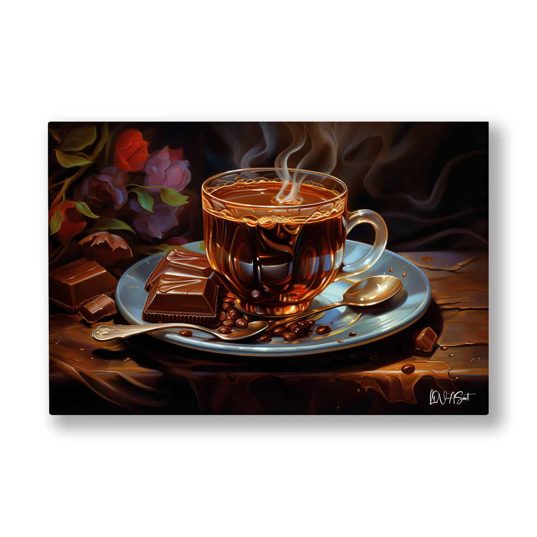 Sıcak Kahve kanvas tablo — Koyu bir masada buğusu kıvrılarak yükselen taze demlenmiş kahve fincanı.