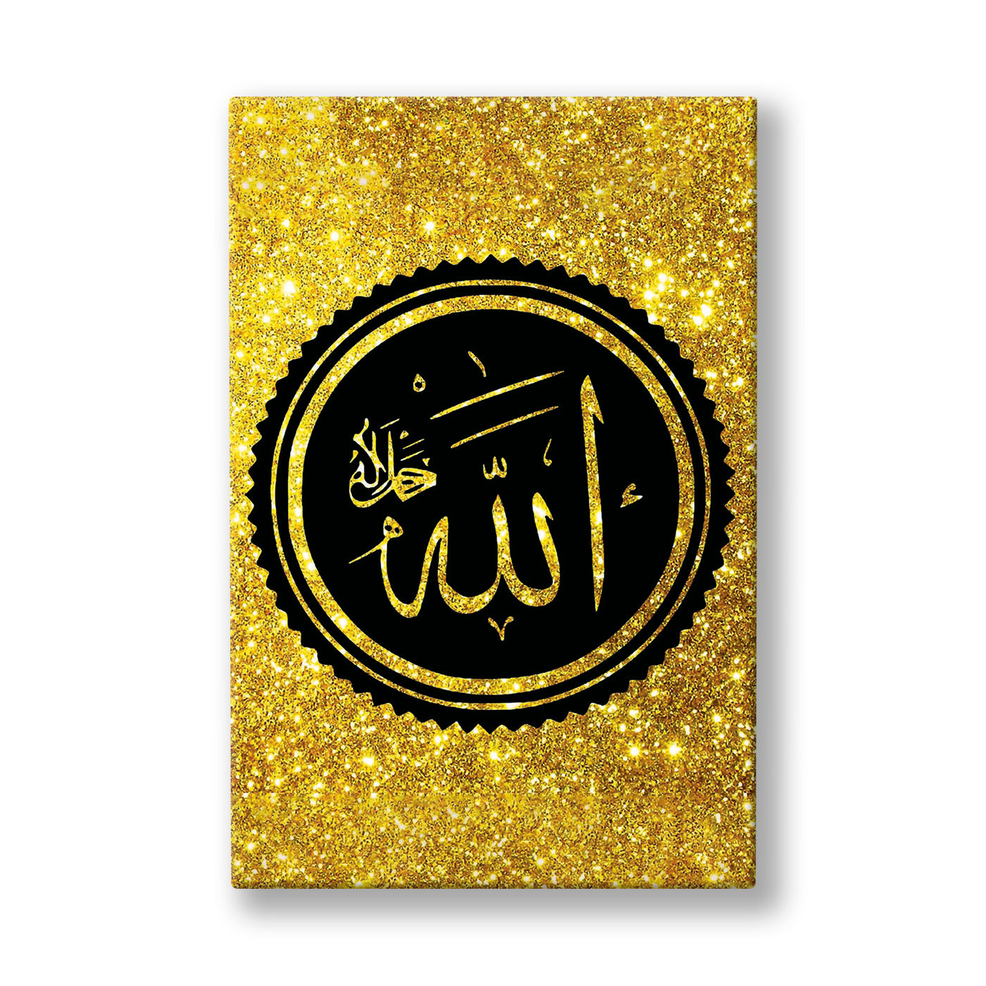 Simli Altın Zeminde Allah Lafzı kanvas tablo — Simli altın bir zeminin ortasında siyah madalyon içine yerleştirilmiş Allah lafzı sade biçimde duruyor.
