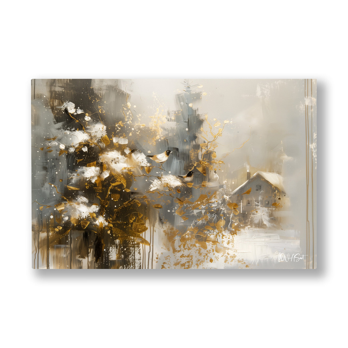 Sisli Altın Bahar kanvas tablo — Altın ve beyaz lekelerin sisle karıştığı yarı soyut bahar sahnesi.