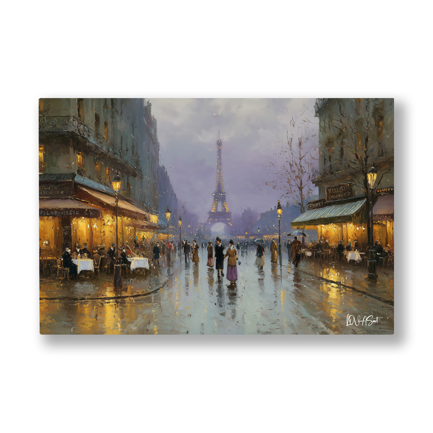 Sisli Paris Caddesi kanvas tablo — Yağmurdan parlayan Paris caddesinde kafe ışıkları ve uzaktaki kule.
