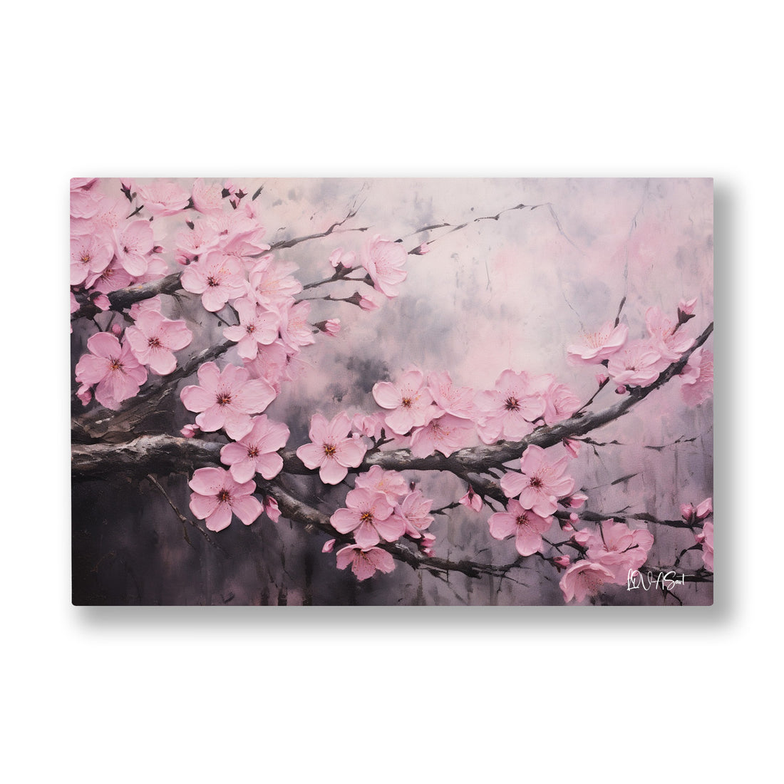 Sisli Sakura Dalları kanvas tablo — Gri pembemsi bir zemine yayılan sakura dallarının doygun pembe çiçekleri.