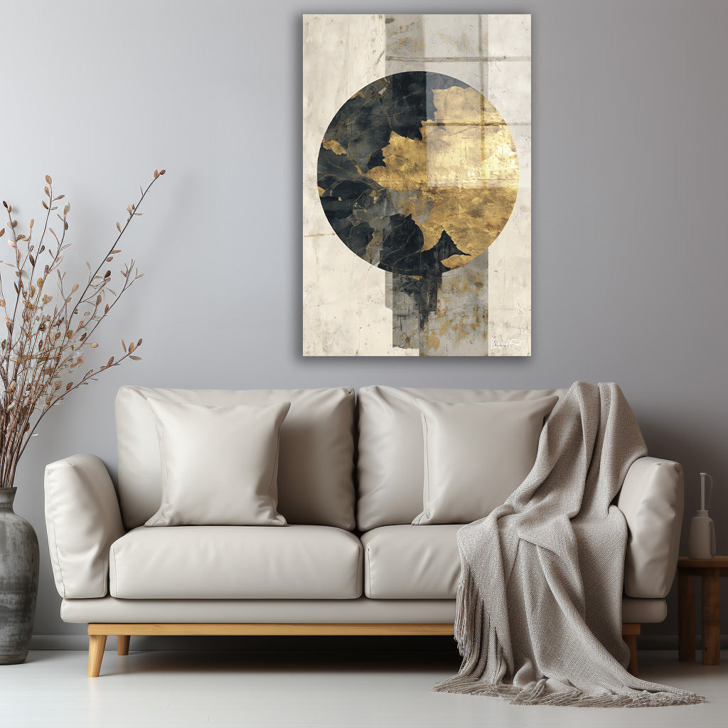 Siyah Altın Daire cam tablo — iç mekân uygulama örneği