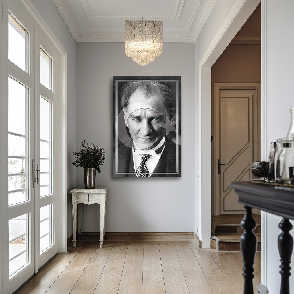 Siyah Beyaz Atatürk Portresi kanvas tablo — duvarda dekorasyon görünümü