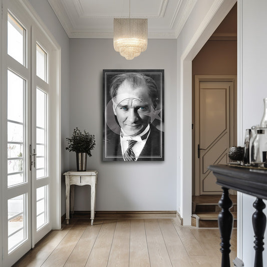 Siyah Beyaz Atatürk Portresi kanvas tablo — duvarda dekorasyon görünümü