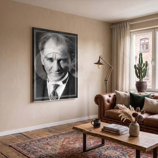Siyah Beyaz Atatürk Portresi kanvas tablo — iç mekân uygulama örneği