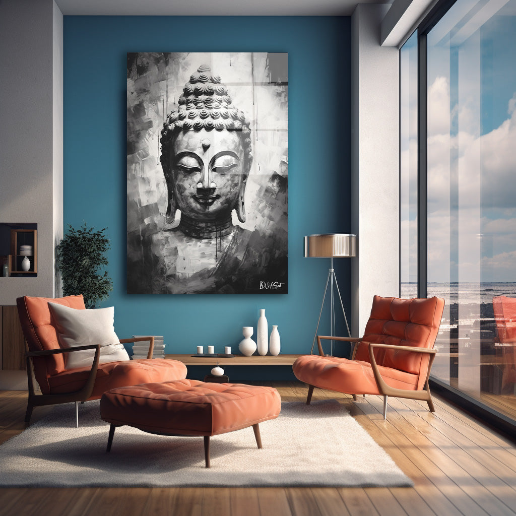 Siyah Beyaz Buda cam tablo — farklı açıdan görünüm