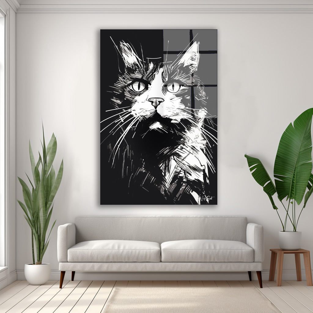 Siyah Beyaz Kedi 2 cam tablo — duvarda dekorasyon görünümü