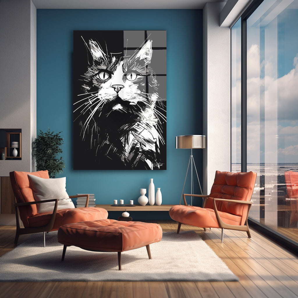 Siyah Beyaz Kedi 2 cam tablo — farklı açıdan görünüm