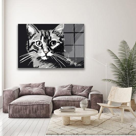 Siyah Beyaz Kedi 3 cam tablo — duvarda dekorasyon görünümü