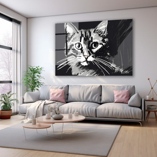 Siyah Beyaz Kedi 3 cam tablo — farklı açıdan görünüm