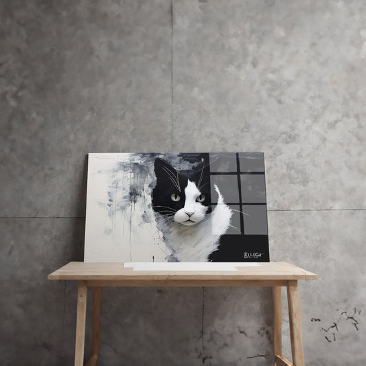 Siyah Beyaz Kedi cam tablo — farklı açıdan görünüm