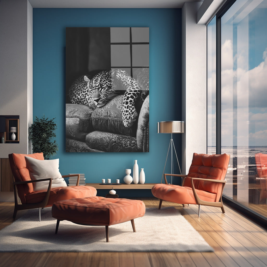 Siyah Beyaz Leopar cam tablo — farklı açıdan görünüm