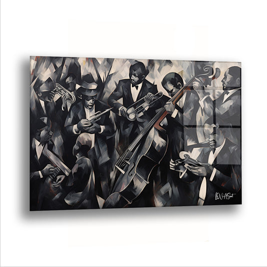Siyah Beyaz Orkestra cam tablo — Şapkalı müzisyenler, kübist bir sahnede kontrbas, trompet ve saksafonla caz çalıyor.