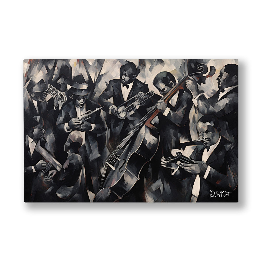 Siyah Beyaz Orkestra kanvas tablo — Kübist parçalara ayrılmış bir orkestra, kontrbas ve trompetler bir arada.