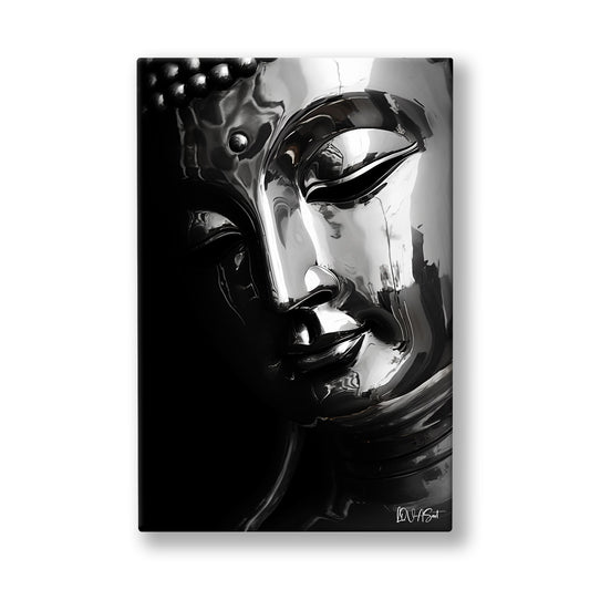 Siyah Buda Yüzü kanvas tablo — Karanlıktan gümüş bir ışıkla sıyrılan, gözleri kapalı bir Buda yüzü.