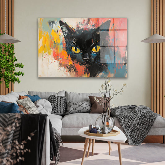 Siyah Kedi cam tablo — duvarda dekorasyon görünümü
