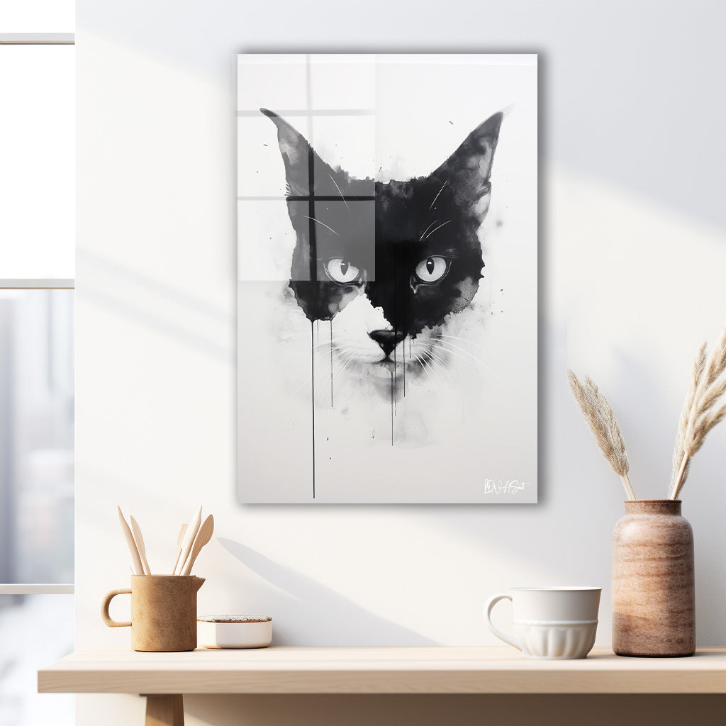 Siyah Kedi Yüzü cam tablo — duvarda dekorasyon görünümü
