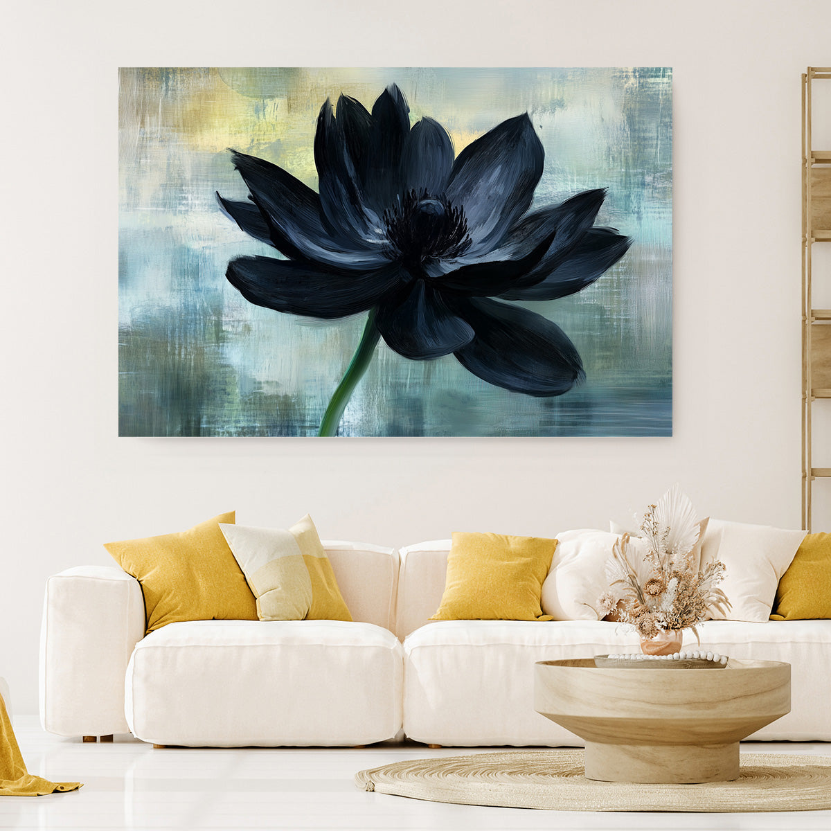 Siyah Lotus kanvas tablo — duvarda dekorasyon görünümü