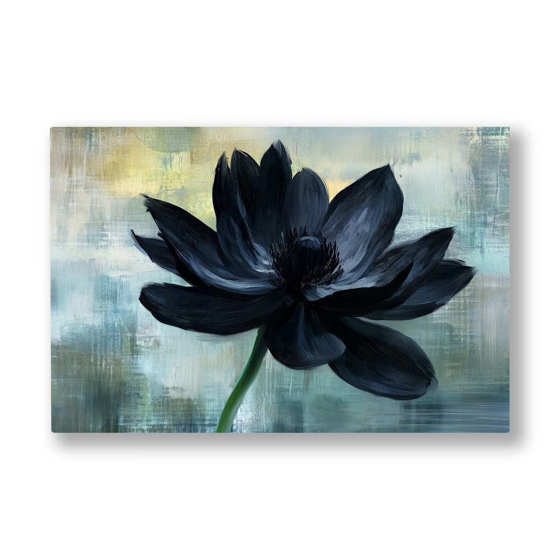 Siyah Lotus kanvas tablo — Soluk turkuaz bir zeminde tek başına duran koyu lacivert lotus çiçeği.