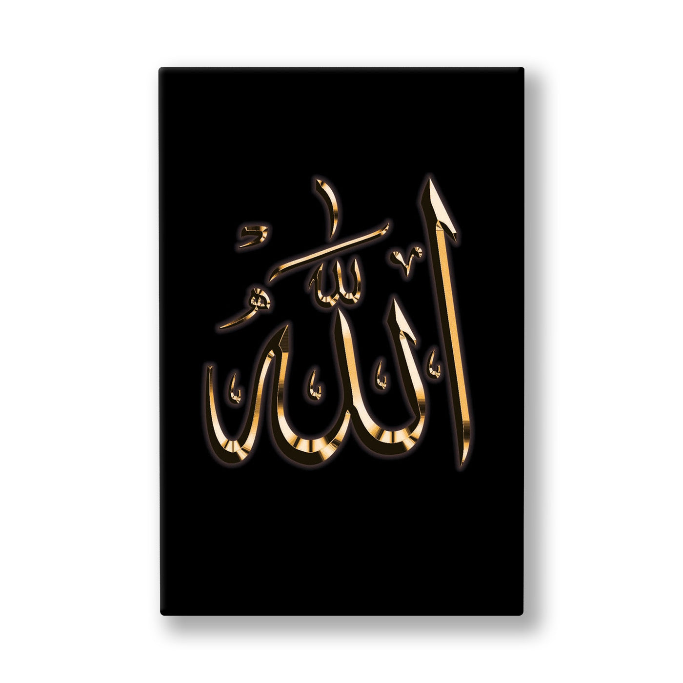 Siyah Zeminde Allah Lafzı kanvas tablo — Tamamen siyah bir zeminde altın renkli Allah lafzı, hacimli harfleriyle boşluğun ortasında beliriyor.