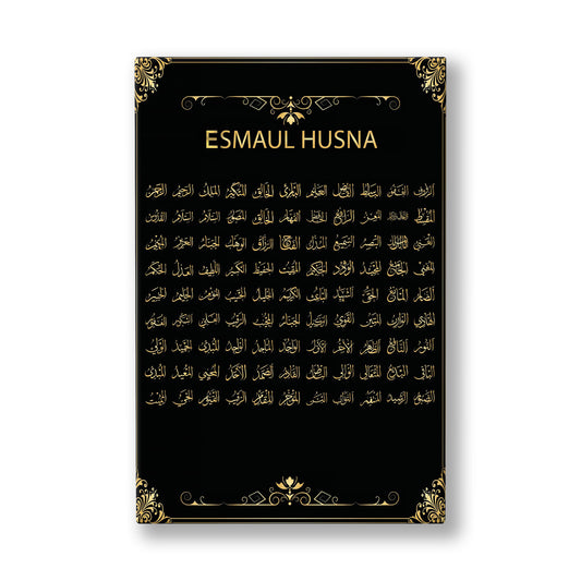 Siyah Zeminde Esmaül Hüsna kanvas tablo — Derin siyah bir zemin üzerinde altın yaldızla sıra sıra dizilmiş doksan dokuz ismin sakin düzeni.