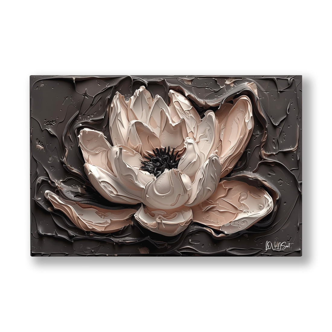 Siyah Zeminde Lotus kanvas tablo — Kabartma alçı gibi yüzeyden yükselen pudra rengi lotus çiçeği.