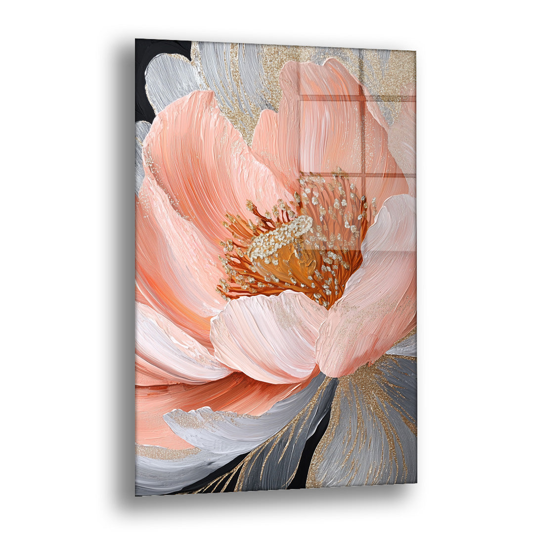 Somon Pembe Şakayık cam tablo — turuncu merkezli büyük bir somon şakayığı kalın fırça darbeleriyle yakın plan gösteren cesur 