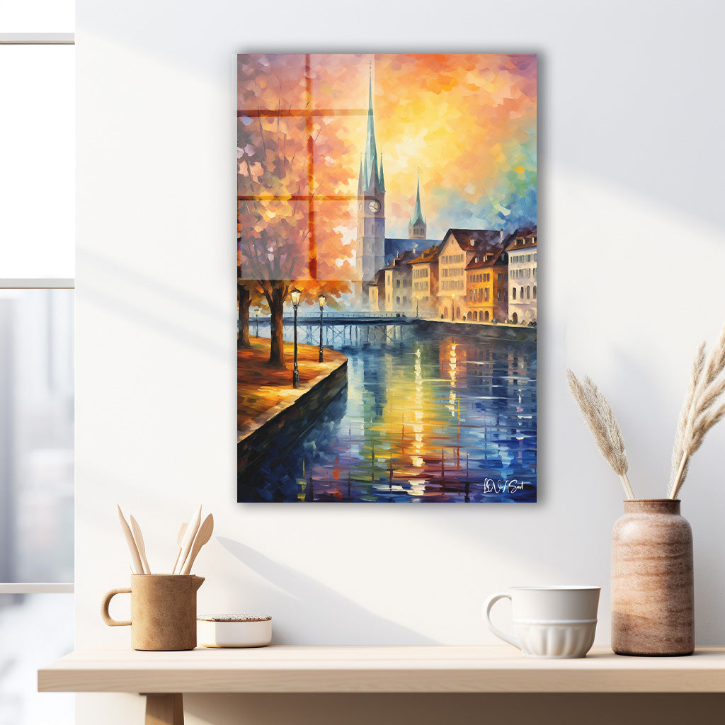 Sonbaharda Nehir Kenti cam tablo — duvarda dekorasyon görünümü