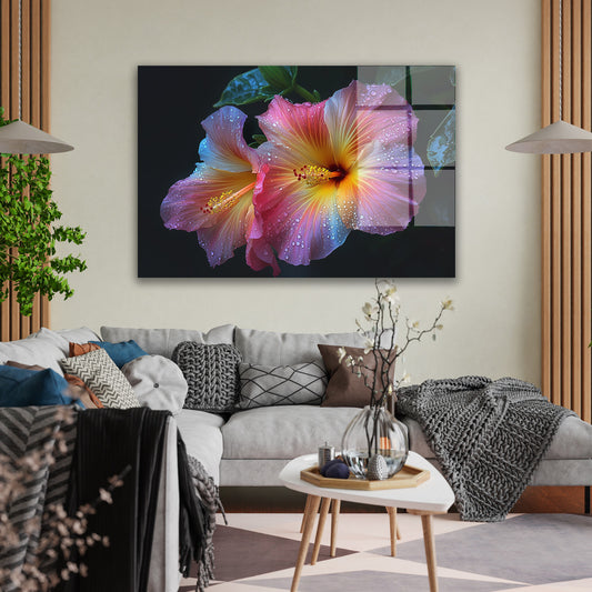 Su Damlacıklı Hibiskus cam tablo — duvarda dekorasyon görünümü