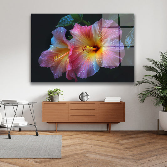 Su Damlacıklı Hibiskus cam tablo — iç mekân uygulama örneği