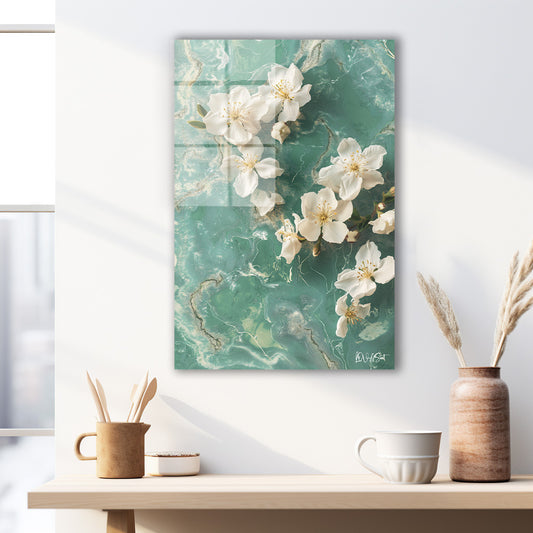 Su Yeşili cam tablo — duvarda dekorasyon görünümü
