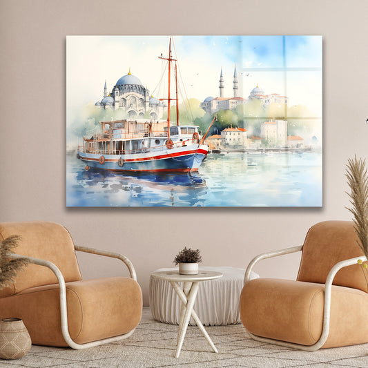 Suluboya Cami ve Tekne cam tablo — duvarda dekorasyon görünümü