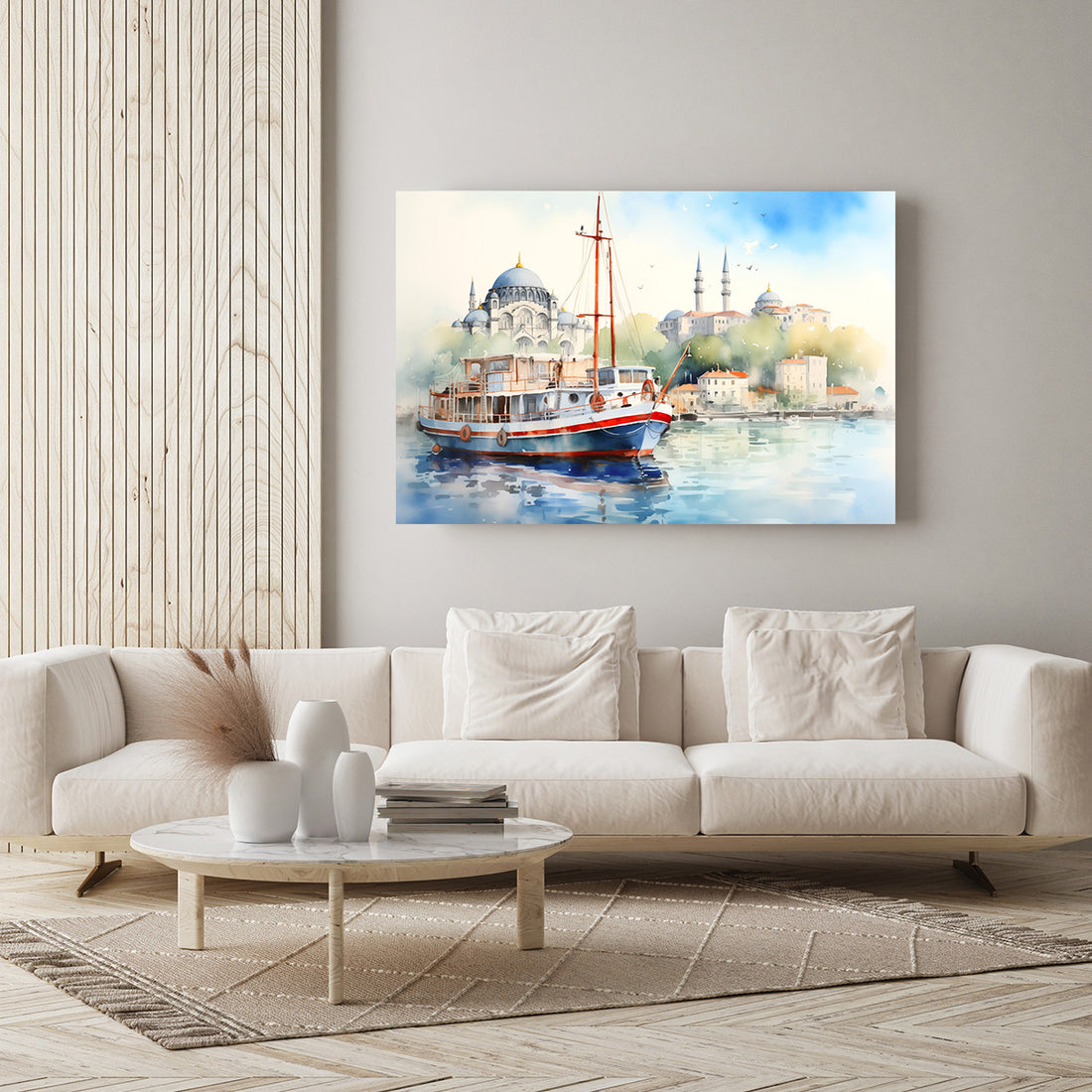Suluboya Cami Ve Tekne kanvas tablo — iç mekân uygulama örneği