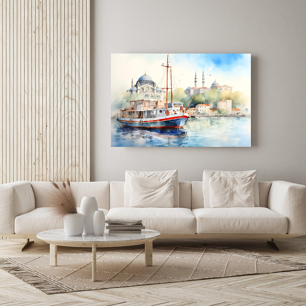 Suluboya Cami Ve Tekne kanvas tablo — iç mekân uygulama örneği