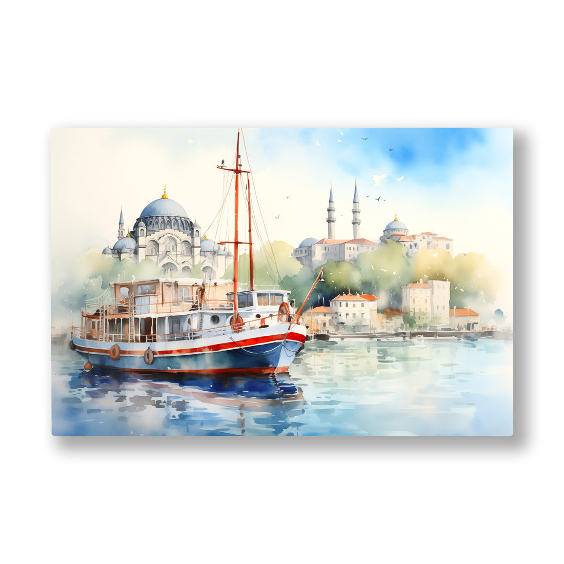 Suluboya Cami ve Tekne kanvas tablo — Suluboya bir sabahta kubbelerin önünde bekleyen kırmızı tekne.