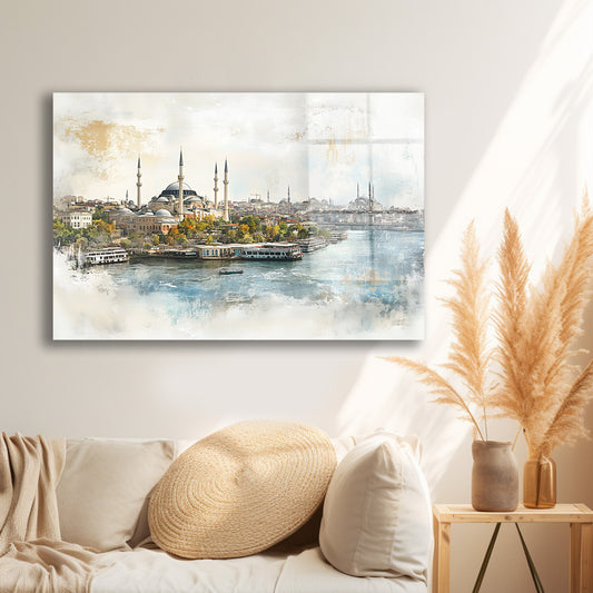 Suluboya İstanbul Silueti cam tablo — iç mekân uygulama örneği